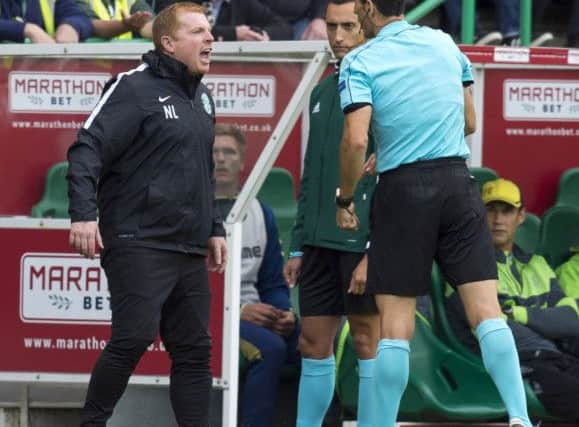 Hibernian head coach Neil Lennon makes his feelings known to officials during the 1-0 home defeat by Brondby.
