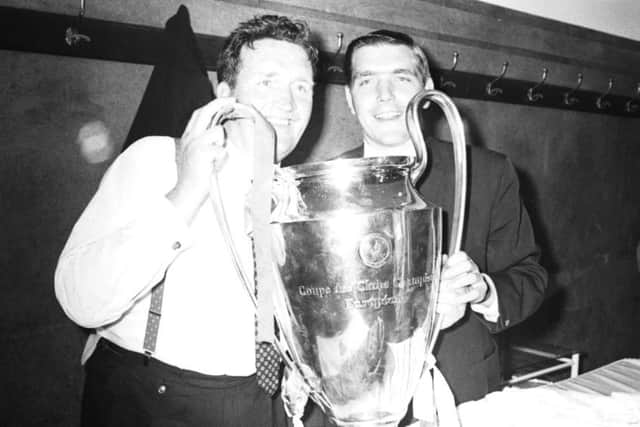 Jock Stein, left, with Bobby Murdoch and the European Cup. Picture: AP