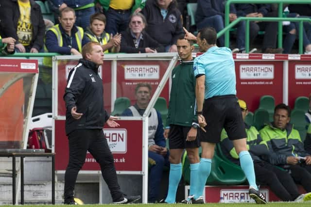 Neil Lennon remonstrates with referee Juan Martinez Munuera as he is sent to the stand. Picture: SNS Group