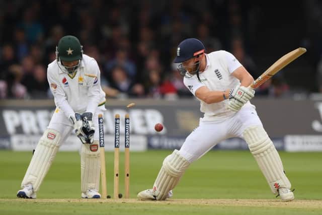 England batsman Jonny Bairstow is bowled for 29 runs during the first Test at Lords yesterday. Picture: Getty