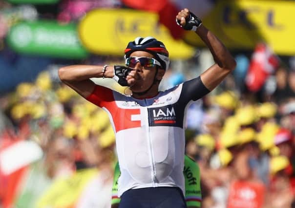 Jarlinson Pantano celebrates after winning the 159km stage from Bourg-en-Bresse to Culoz. Picture: Getty