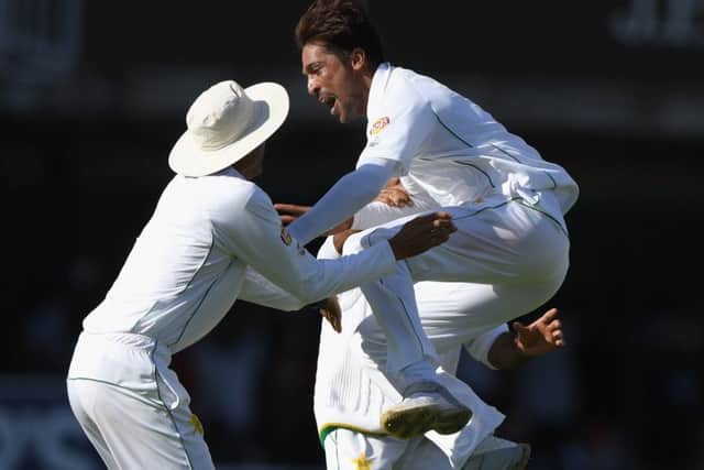 Pakistan bowler Mohammad Amir jumps for joy after bowling Stuart Broad during day four. Picture: Getty