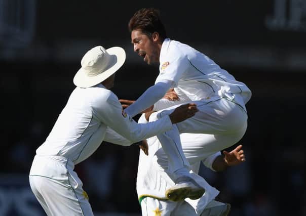 Pakistan bowler Mohammad Amir jumps for joy after bowling Stuart Broad during day four. Picture: Getty