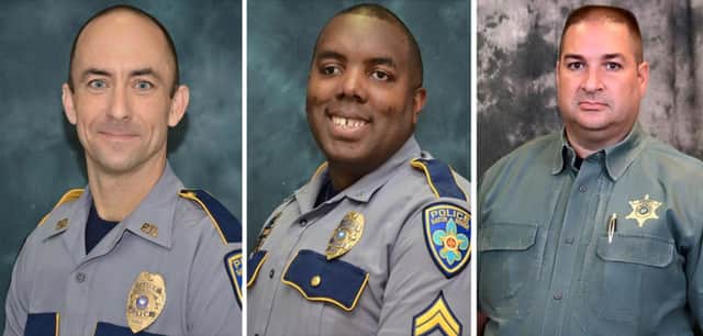 Baton Rouge police officers Matthew Gerald and Montrell Jackson and Baton Rouge Parish Deputy Brad Garafalo, who were all shot dead. Picture: Getty Images