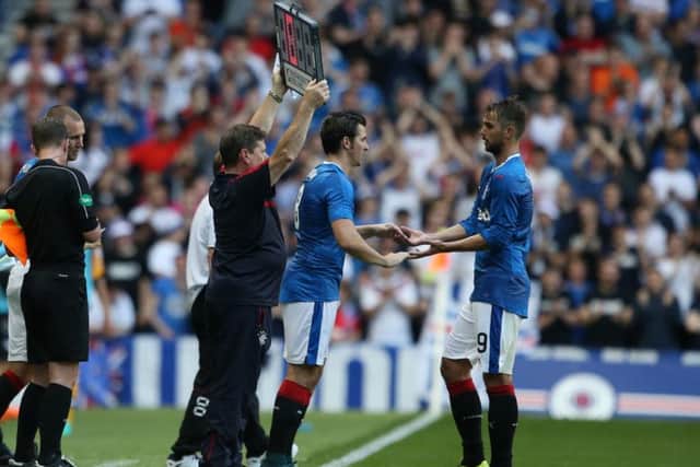 Joey Barton comes on for Niko Kranjcar during Rangers' Betfred Cup match against Annan Athletic. Picture: Andrew Milligan/PA