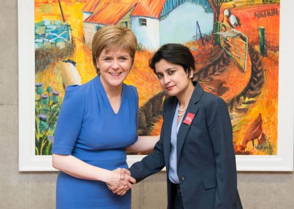 Ms Chakrabarti, pictured with the First Minister, repeatedly sidestepped questions about a peerage. Picture: TSPL