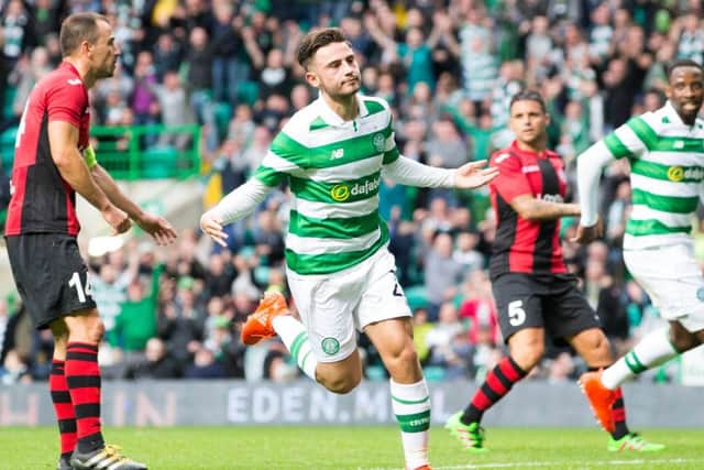 Man of the match Patrick Roberts celebrates scoring the third goal against Lincoln Red Imps as Celtic overturned a 1-0 first-leg deficit in Champions League qualifying. Picture: Jeff Holmes/PA