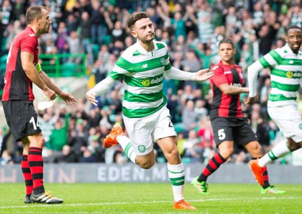 Man of the match Patrick Roberts celebrates scoring the third goal against Lincoln Red Imps as Celtic overturned a 1-0 first-leg deficit in Champions League qualifying. Picture: Jeff Holmes/PA