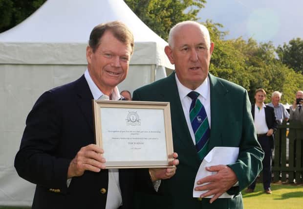 Tom Watson receives honorary membership at Monifieth Links, where he hit his first shot in the UK in 1975. Pictures: Getty Images