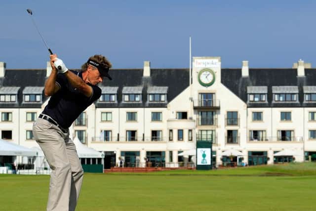 Bernhard Langer hits his approach to the 18th at Carnoustie in a practice round for the Senior Open. Picture: Getty Images