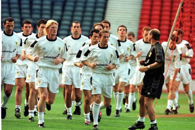 The Scotland squad trains at Hampden before travelling to Bosnia for a qualifying match in September 1999. It was on this trip a group of fans first met the inspiration behind the Sunshine Appeal. Picture: Sandy Young/TSPL