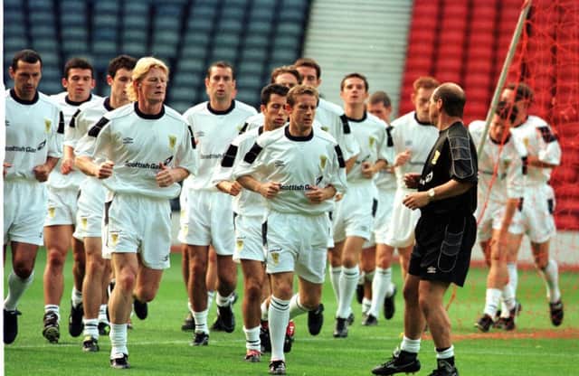 The Scotland squad trains at Hampden before travelling to Bosnia for a qualifying match in September 1999. It was on this trip a group of fans first met the inspiration behind the Sunshine Appeal. Picture: Sandy Young/TSPL