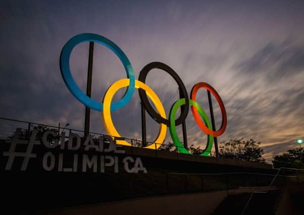 View of the Olympic rings placed at Madureira Park. (Photo by Buda Mendes/Getty Images)