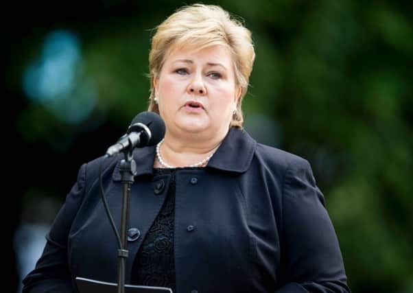 Norwegian Prime Minister Erna Solberg speaks during a wreath-laying ceremony in Oslo, five years after the terrorist attack. Picture: AFP/Getty IImages