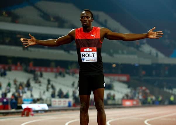 Jamaicas Usain Bolt celebrates after winning the mens 200m at the Muller Anniversary Games in London last night. Picture: Getty