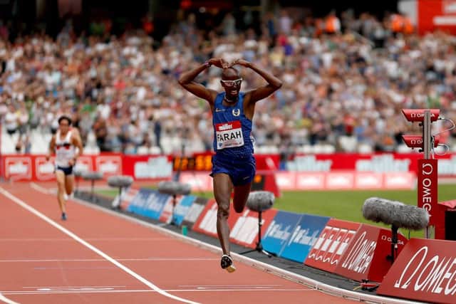 Mo Farah was barely threatened as he breezed into the distance to win the 5,000m from Andy Butchart by the length of the home straight. Photograph: Paul Harding/PA