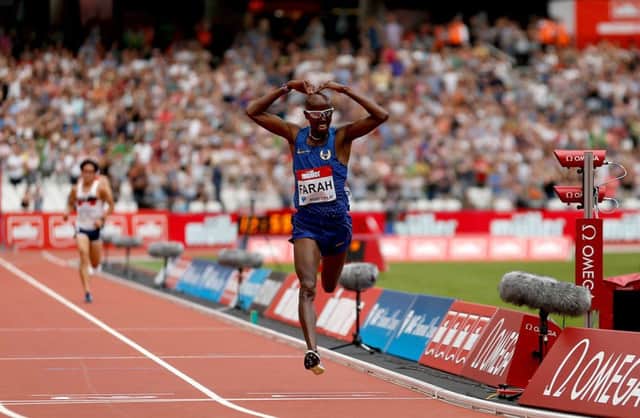 Mo Farah was barely threatened as he breezed into the distance to win the 5,000m from Andy Butchart by the length of the home straight. Photograph: Paul Harding/PA