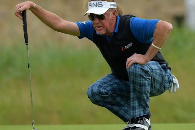 Miguel Angel Jimenez of Spain lines up a putt at the 18th during the third day of the Senior Open Championship at Carnoustie .
Picture: Mark Runnacles/PA