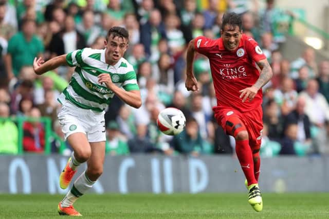 Eoghan OConnell of Celtic vies for possession with Leonardo Ulloa of Leicester. 
Picture: Ian MacNicol/Getty