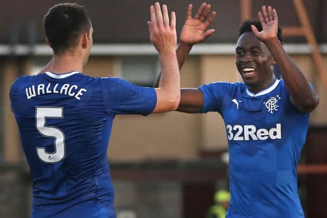 Rangers Joe Dodoo celebrates scoring his sides third goal against East Stirlingshire at Ochilview on Friday. Picture: PA