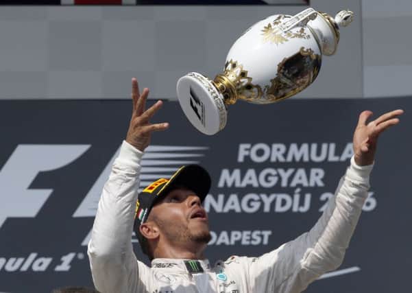 Lewis Hamilton celebrates after winning the Hungarian Grand Prix at the Hungaroring racetrack.Picture:  Darko Vojinovic/AP Photo