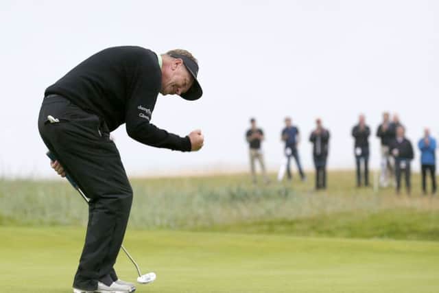 Paul Broadhurst had two putts for victory at the 18th yesterday at Carnoustie and he celebrated after sinking the first of them to win the Senior Open Championship at the first attempt. Picture:: Jane Barlow/PA Wire