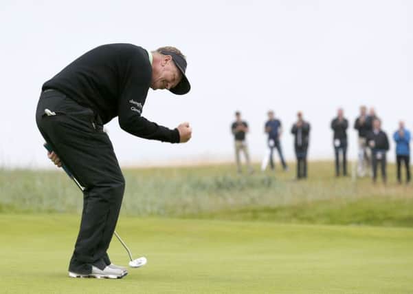 Paul Broadhurst had two putts for victory at the 18th yesterday at Carnoustie and he celebrated after sinking the first of them to win the Senior Open Championship at the first attempt. Picture:: Jane Barlow/PA Wire