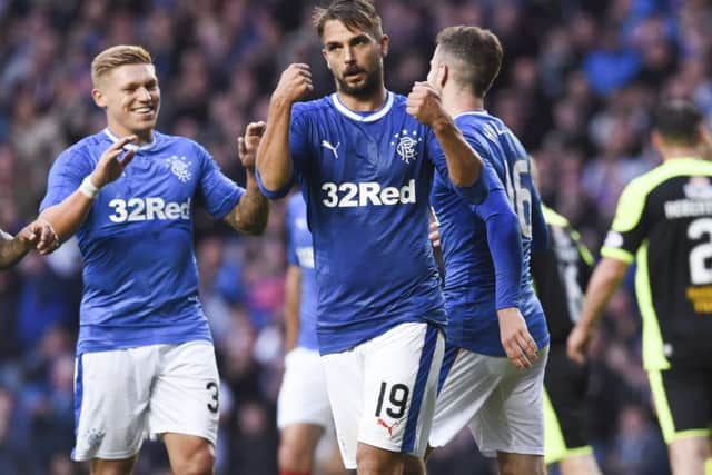 Niko Kranjcar celebrates scoring Rangers' third goal against Stranraer. Picture: SNS.