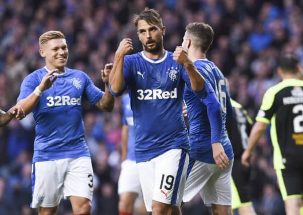 Niko Kranjcar celebrates scoring Rangers' third goal against Stranraer. Picture: SNS.