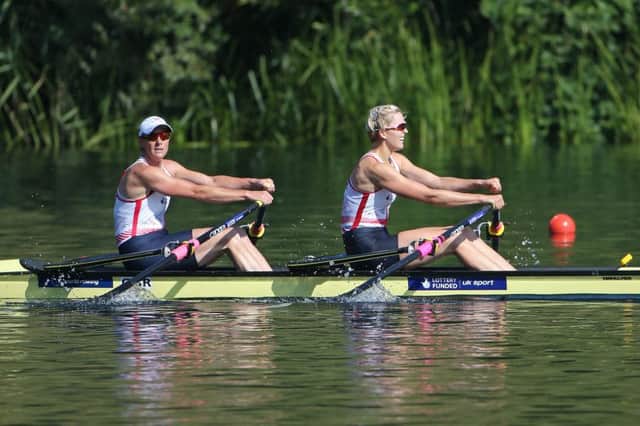 Katherine Grainger, left, and Vicky Thornley competing in the double sculls at the World Cup in Lucerne last year. Picture: Getty
