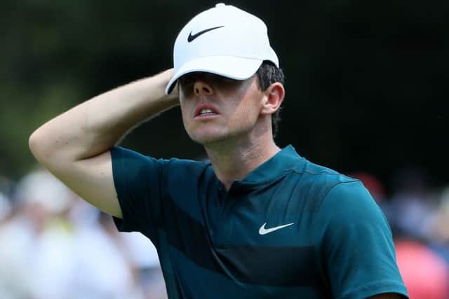 Rory McIlroy cuts a frustrated figure on the ninth hole during the first round of the US PGA Championship. Picture: Andrew Redington/Getty Images