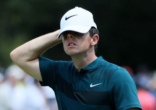 Rory McIlroy cuts a frustrated figure on the ninth hole during the first round of the US PGA Championship. Picture: Andrew Redington/Getty Images