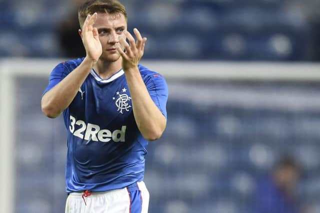 Jordan Rossiter at full-time applauds the support after Rangers' BetFred Cup win over Stranraer. Picture: SNS