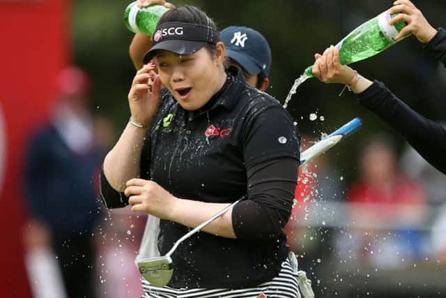 Thailands Ariya Jutanugarn celebrates winning the Womens British Open at Woburn. Picture: PA