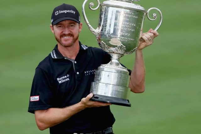 Jimmy Walker holds aloft the Wanamaker Trophy after winning the 2016 US PGA Championship at Baltusrol. Picture: Getty Images