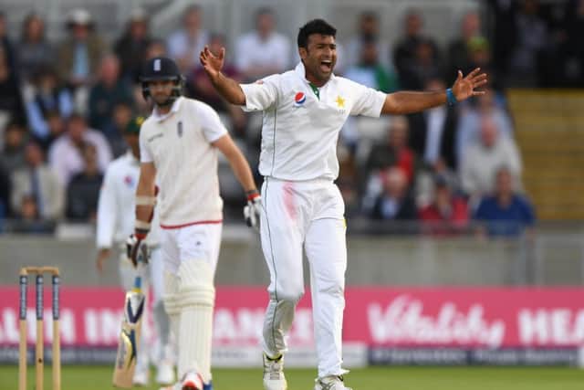 Pakistan bowler Sohail Khan celebrates after dismissing James Anderson and claiming his fifth wicket onday one of the 3rd Investec Test against England at Edgbaston. Picture: Stu Forster/Getty