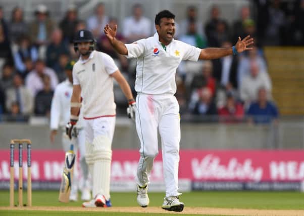 Pakistan bowler Sohail Khan celebrates after dismissing James Anderson and claiming his fifth wicket onday one of the 3rd Investec Test against England at Edgbaston. Picture: Stu Forster/Getty