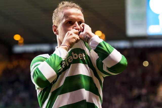 Celtic's Leigh Griffiths celebrates after he scores a penalty and puts his side into the lead. Picture: SNS Group
