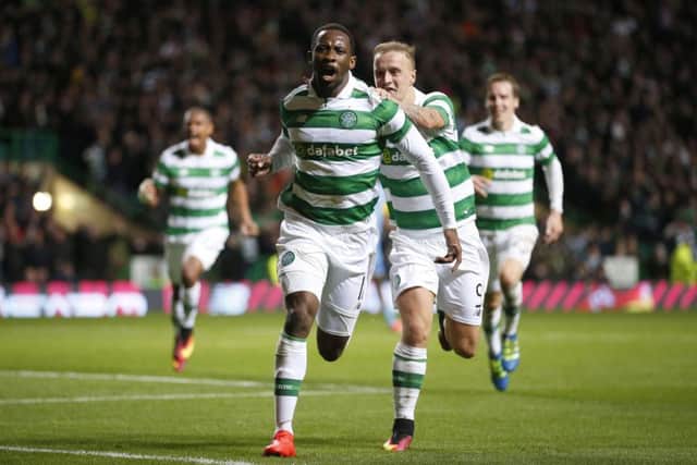 Celtic's Moussa Dembele celebrates scoring his side's late winner against Astana. Picture: Jane Barlow/PA Wire