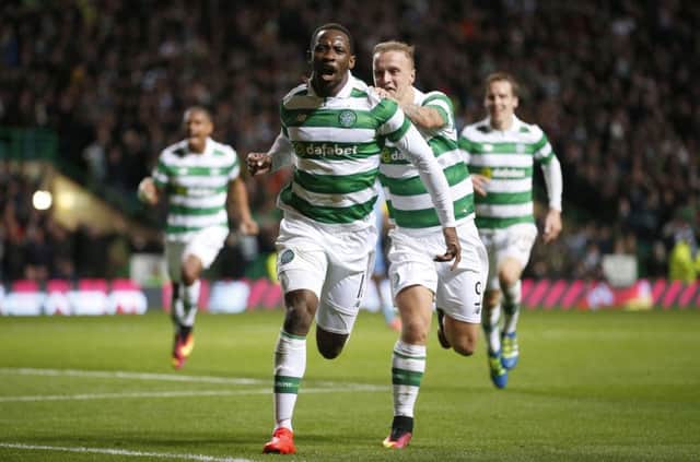 Celtic's Moussa Dembele celebrates scoring his side's late winner against Astana. Picture: Jane Barlow/PA Wire