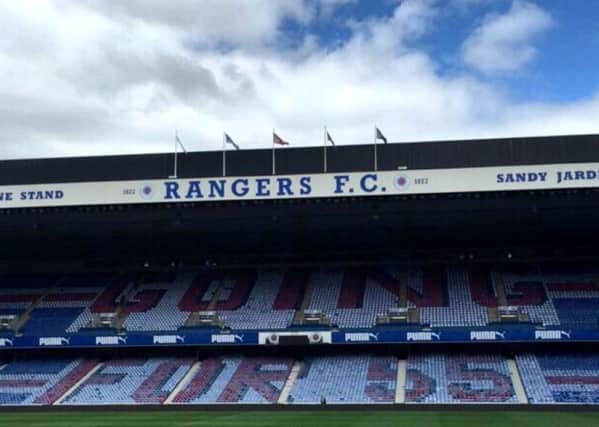 An image of the pre-planned card display for fans in the Sandy Jardine Stand. Picture: Rangers FC