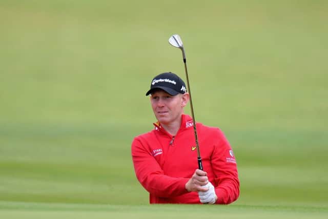 Stephen Gallacher plays out of a bunker onto the 18th green during the Aberdeen Asset Management Paul Lawrie Matchplay Pro-Am. Picture: Getty