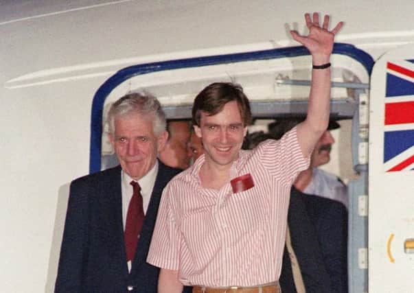 1991: British hostage John McCarthy was set free in Beirut after 1,943 days in captivity. Picture: Getty