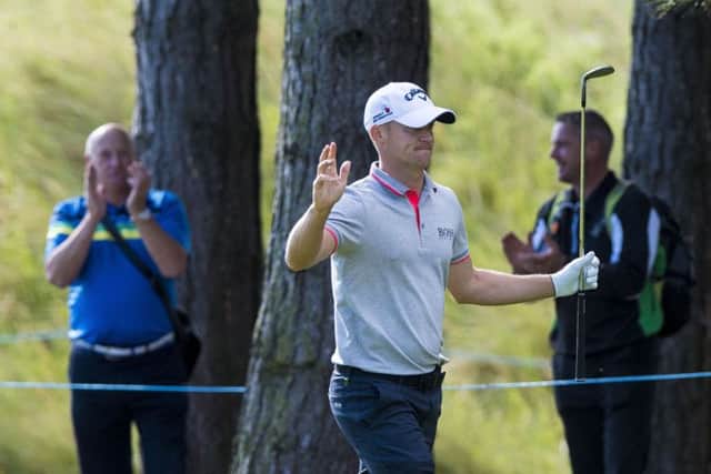 Alex Noren celebrates after chipping in for an eagle at the sixth at Archerfield Links. Picture: PA