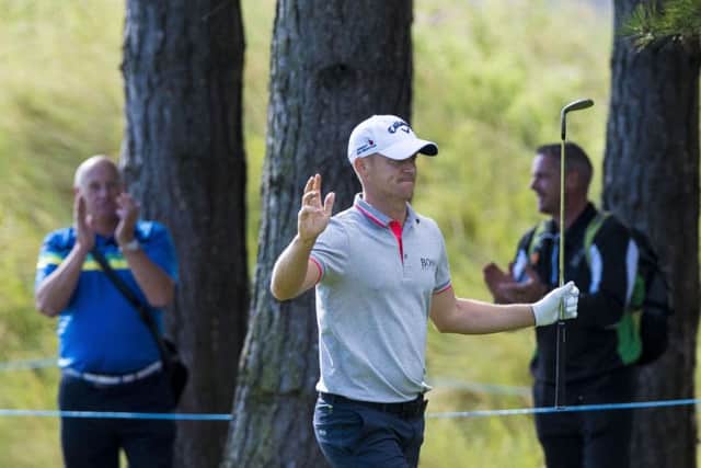 Swede Alex Noren celebrates after chipping in for an eagle at the sixth in the quarter-finals at Archerfield Links. Picture: PA
