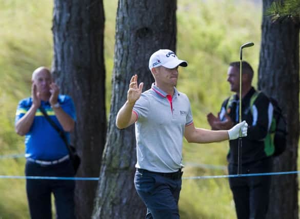 Swede Alex Noren celebrates after chipping in for an eagle at the sixth in the quarter-finals at Archerfield Links. Picture: PA