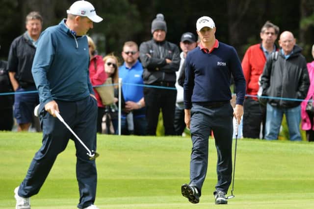 Anthony Wall and Alex Noren battled each other and the wind in today's Aberdeen Asset Management Paul Lawrie Match Play final. Picture: Getty Images