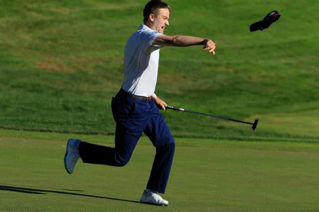Russell Knox of Scotland reacts on the 18th green after winning the Travelers Championship in Cromwell, Connecticut. Picture: Michael Cohen/Getty