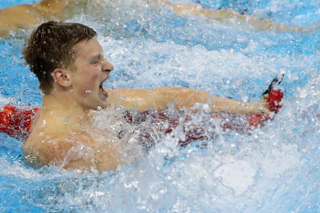 Adam Peaty makes a splash after winning the 100m breastroke, Britains first swimming golf for 28 years. Picture: Getty