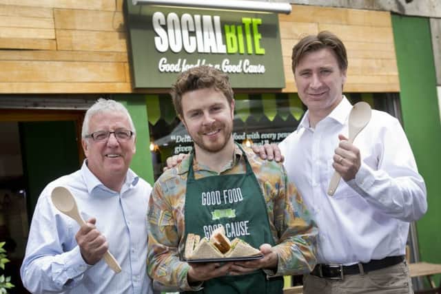 Social Bite's Alan Mahon, centre, with Spoonfed co-founders Willie Biggart, left, and Murray McNicol. Picture: Dominic Cocozza